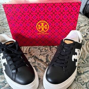 New Tory Burch Color Block Platform Sneakers, Perfect Black & Snow White Size 7